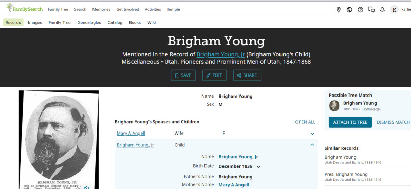 Screenshot of Brigham Young's record in the Pioneers and Prominent Men of Utah database.