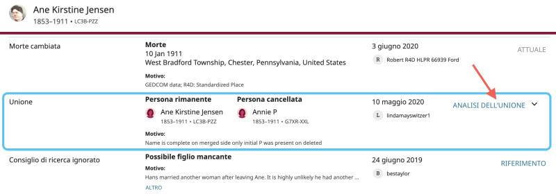 Schermata del pulsante Analisi dell’unione su FamilySearch.org, mostrata nell’elenco Ultimi cambiamenti.