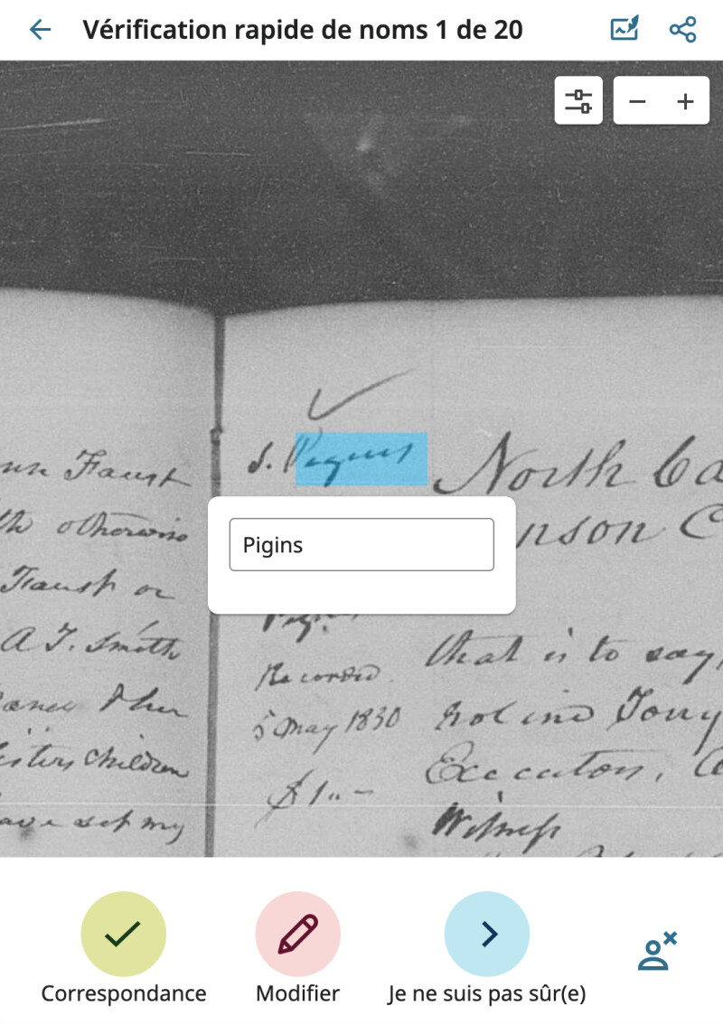 Capture d'écran de la révision d'un nom figurant dans un document d'archives à l'aide de l'application Participer