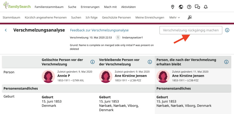 Screenshot der Schaltfläche „Verschmelzung rückgängig machen“ in der Ansicht „Verschmelzungsanalyse“