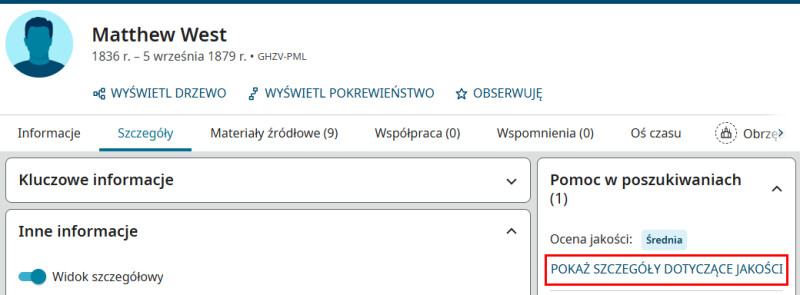 Zrzut ekranu z FamilySearch pokazujący, jak korzystać z oceny jakości danych