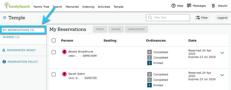 My Reservations tab on FamilySearch, showing reserved family names.