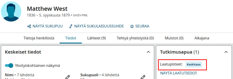 Näyttökuva FamilySearchin profiilisivusta, jossa näkyvät tiedon laatupisteet