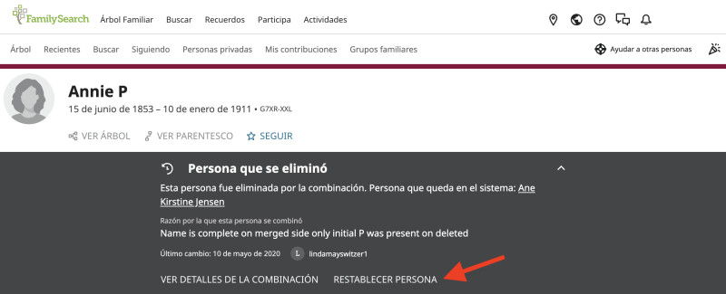 Captura de pantalla del botón Restablecer persona en FamilySearch.org.