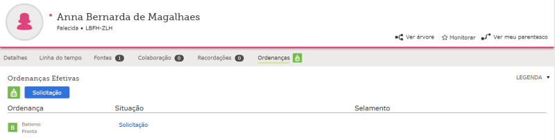 Captura de tela da página Pessoa no FamilySearch. Como solicitar nomes compartilhados pela Árvore Familiar.