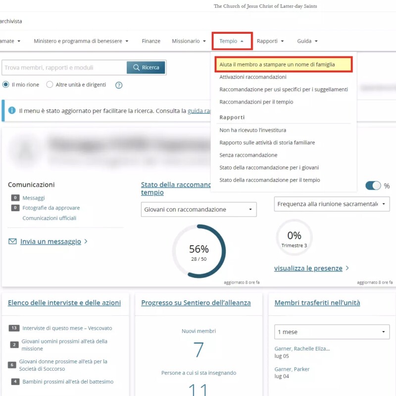 Schermata dell’opzione “Aiuta il membro a stampare un nome di famiglia” in Risorse per i dirigenti e per l’archivista.