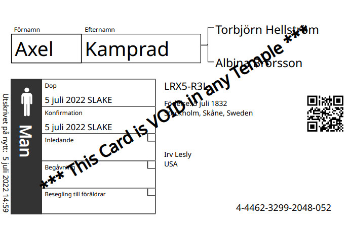 Ett exempel på ett nytt släktnamnkort med QR-kod.