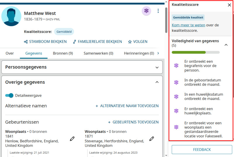 Screenshot van FamilySearch met suggesties om de gegevenskwaliteitsscore van een profielpagina te verbeteren