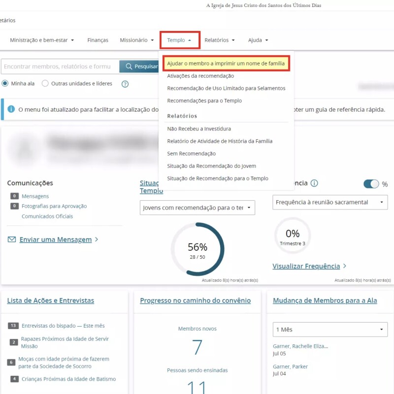 Captura de tela da opção “Ajudar o membro a imprimir um nome de familiar” nos Recursos para Líderes e Secretários.
