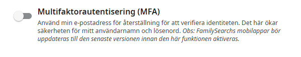 En skärmbild av att aktivera multifaktorautentisering (MFA) på FamilySearch.org.