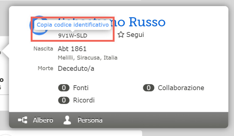 Una schermata della funzione Copia codice identificativo