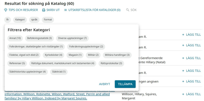 Sökresultat och filtreringsalternativ i FamilySearch-katalogen.