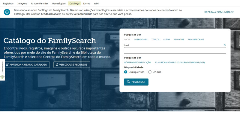Tela inicial do Catálogo do FamilySearch