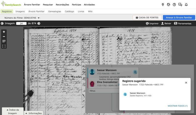 Um registro histórico digitalizado de nomes. Na frente da verificação há uma captura de tela do registro sugerido do qual a verificação está vinculada.