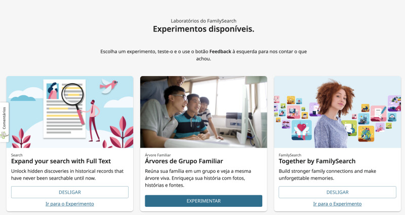 Captura de tela da página dos laboratórios do FamilySearch