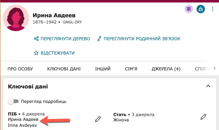 Скриншот, на якому показано ПІБ китайською мовою з англійською транслітерацією під ним.