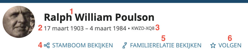 Een screenshot van de naambanner op de persoonspagina van Ralph William Poulson.