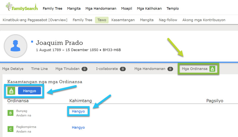Paghangyo og mga ordinansa sa FamilySearch.