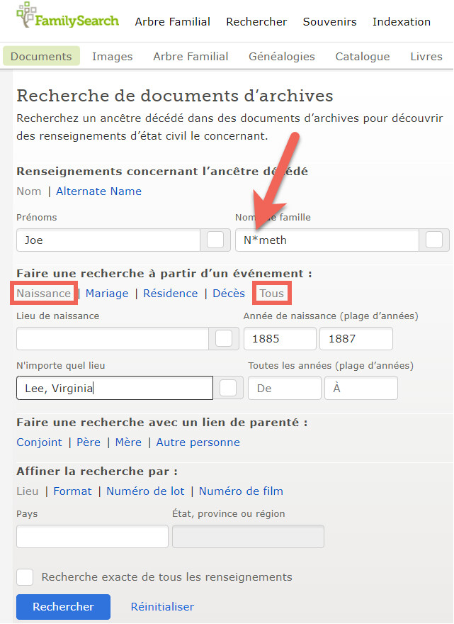 Capture d’écran de la page de recherche sur FamilySearch.