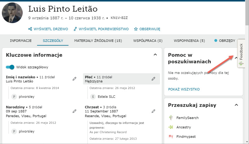 Zrzut ekranu pokazujący przycisk Uwagi na stronie FamilySearch.org