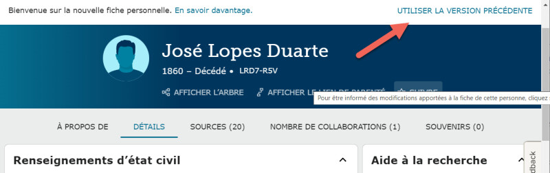Copie d’écran des boutons bascule et commentaires de la nouvelle page de la personne.