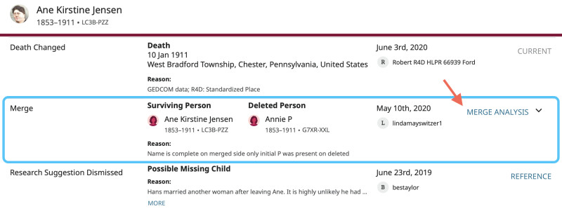 Screenshot of Merge Analysis button on FamilySearch.org, shown in the Latest Changes list.