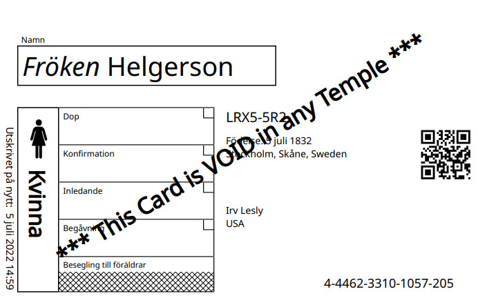 Ett exempel på ett nytt släktnamnkort med QR-kod.