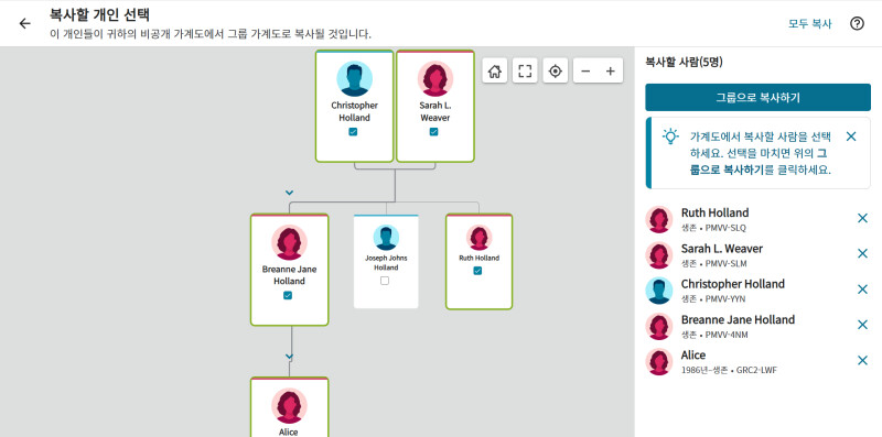 전 세계 패밀리 트리에 있는 살아 있는 사람의 정보를 가족 그룹 가계도로 복사하는 사용자의 화면 스크린숏.
