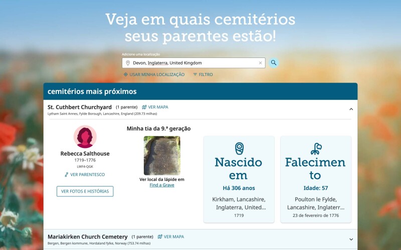 Uma captura de tela da experiência Parentes em Cemitérios do FamilySearch