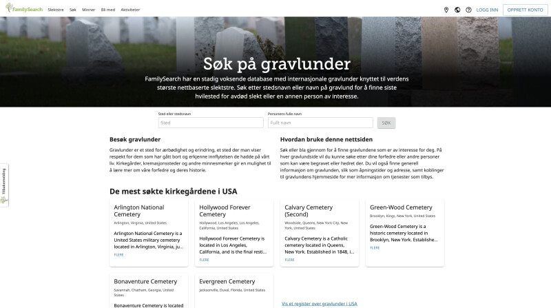 Dataskjerm som viser brukeropplevelsen på Søk på kirkegårder i FamilySearch.