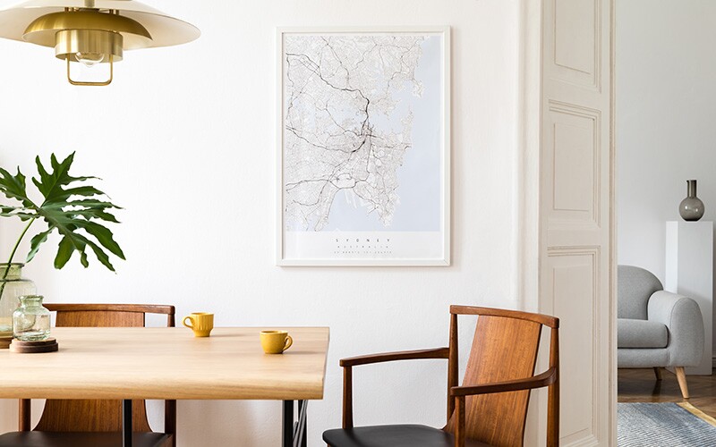 A decorative homeland map hanging on a wall