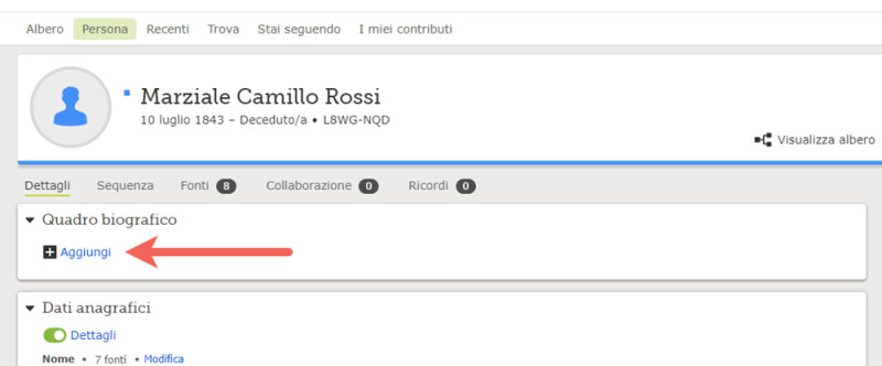 Screenshot del quadro biografico su FamilySearch