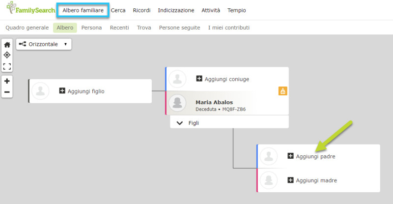 Schermata di come aggiungere generazioni in Albero familiare di FamilySearch.
