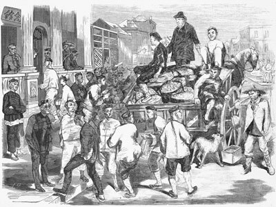 一幅描繪1800年代末期,澳洲墨爾本唐人街中國移民的版畫。