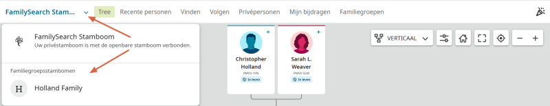 Screenshot van navigatie tussen de wereldwijde stamboom en een familiegroepsstamboom op FamilySearch.org.