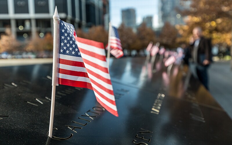 An American flag on the 9/11 memorial