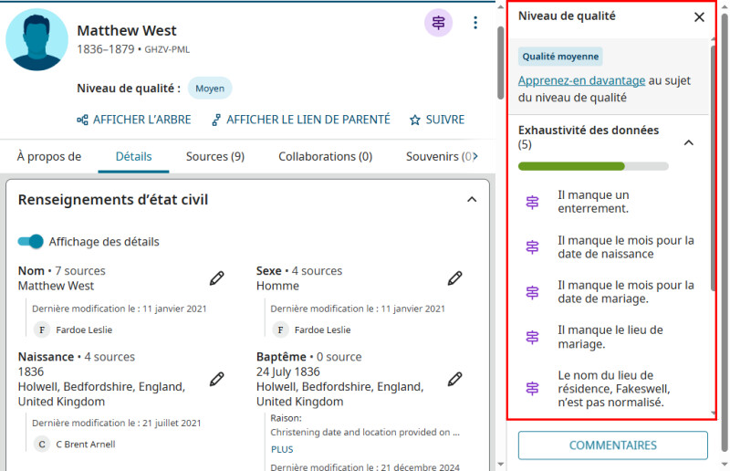 Une capture d'écran de FamilySearch présentant des suggestions pour améliorer le score de qualité des données de la page de profil d'une personne