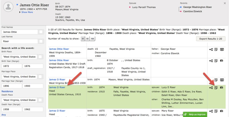 Screenshot of search results from FamilySearch.