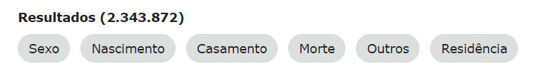 Opções de filtro cinza mostrando a possibilidade de filtrar resultados por sexo, nascimento, casamento, falecimento, residência ou outras informações.
