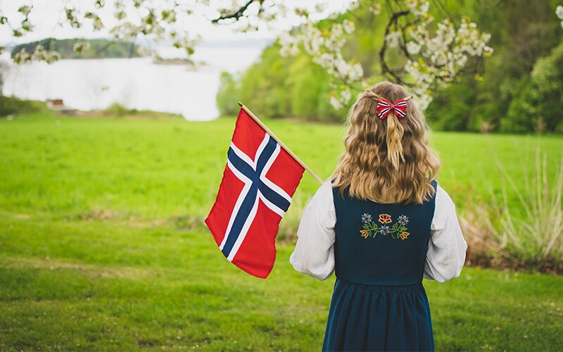 A blond girl holds a Norwegian flag, looking out at a fjord.
