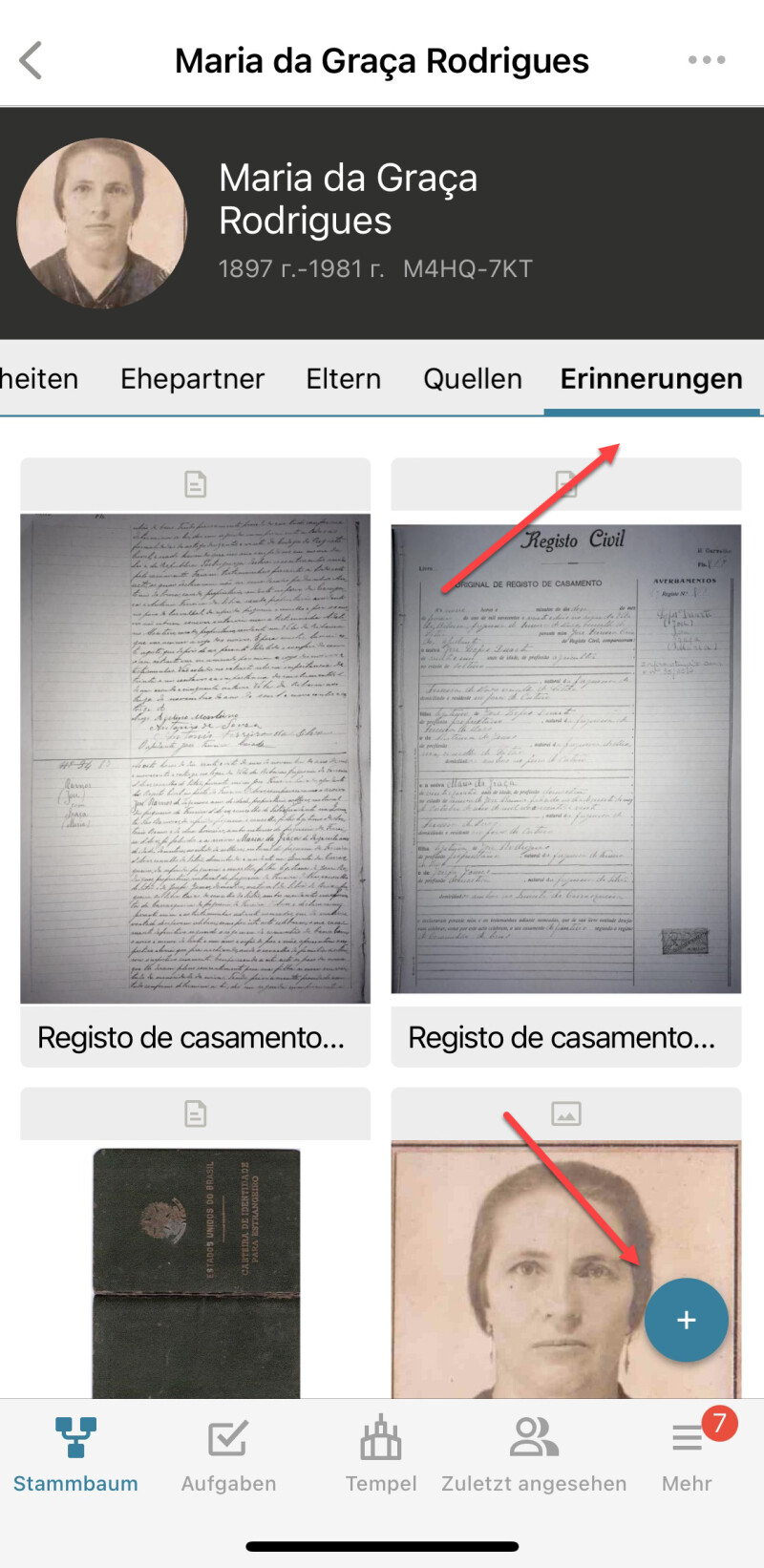 Screenshot der App <i>FamilySearch</i>, auf dem gezeigt wird, wie man ein Foto hinzufügt