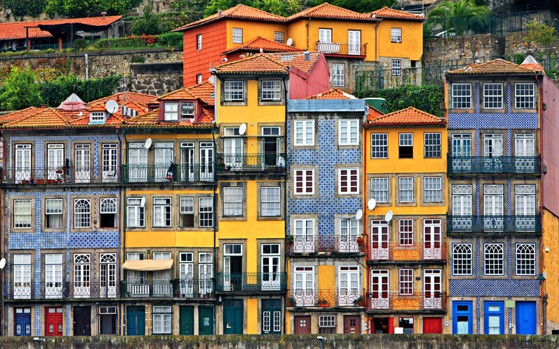 Facades at the Ribeira, the most beautiful neighborhood of Porto city, Portugal