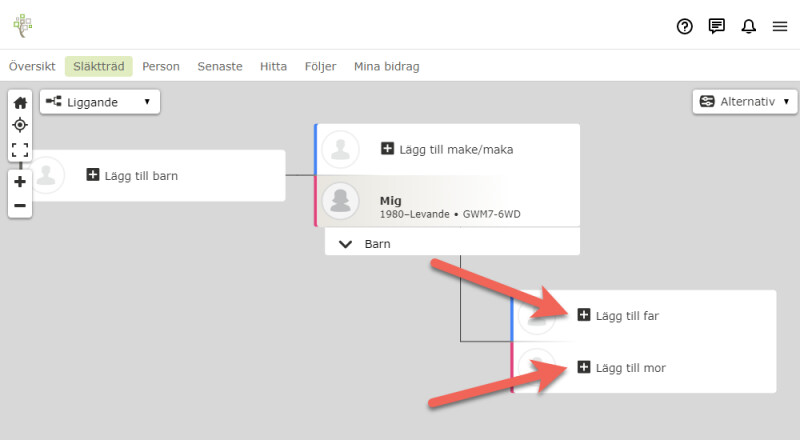 Skärmbild av knapparna Lägg till far och Lägg till mor på FamilySearch.