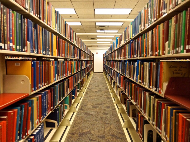 Book shelves with books in the Family History Library