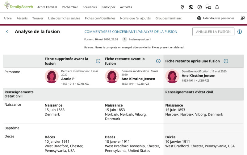 Copie d’écran de l’affichage de l’analyse de la fusion sur le site FamilySearch.org.