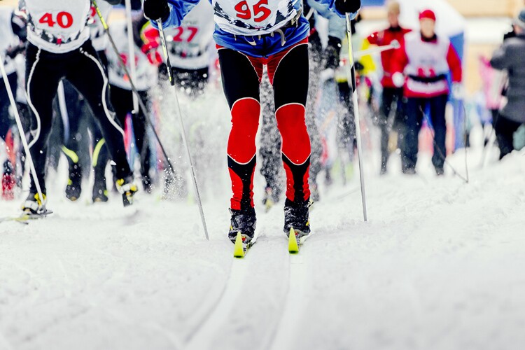 Competitive nordic skiiers on a track