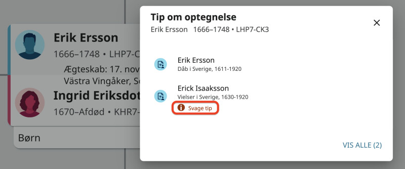 Et pop op-vindue med to tip om optegnelser i Family Tree. Under et af tippene står ordet »svagere tip« i rødt.