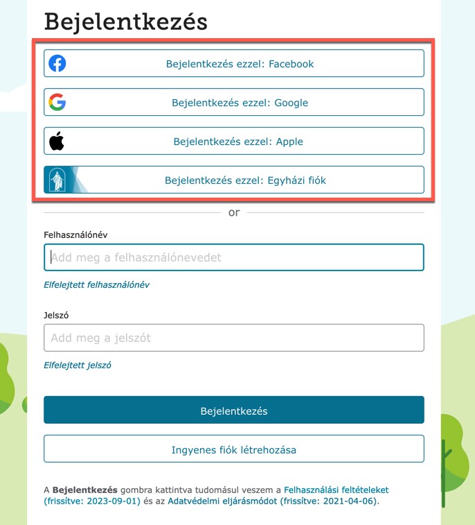 A bejelentkezési oldal képernyőképe a FamilySearch.org honlapján, ahol Facebook, Google, Apple vagy egyházi fiók használatával lehet bejelentkezni
