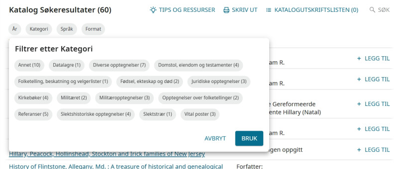 Søkeresultater og filtreringsalternativer i FamilySearch-katalogen