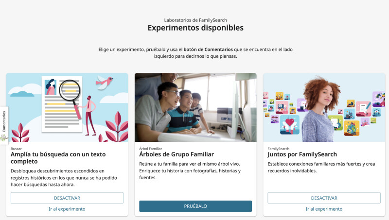 Captura de pantalla de la página web de Laboratorios de FamilySearch.